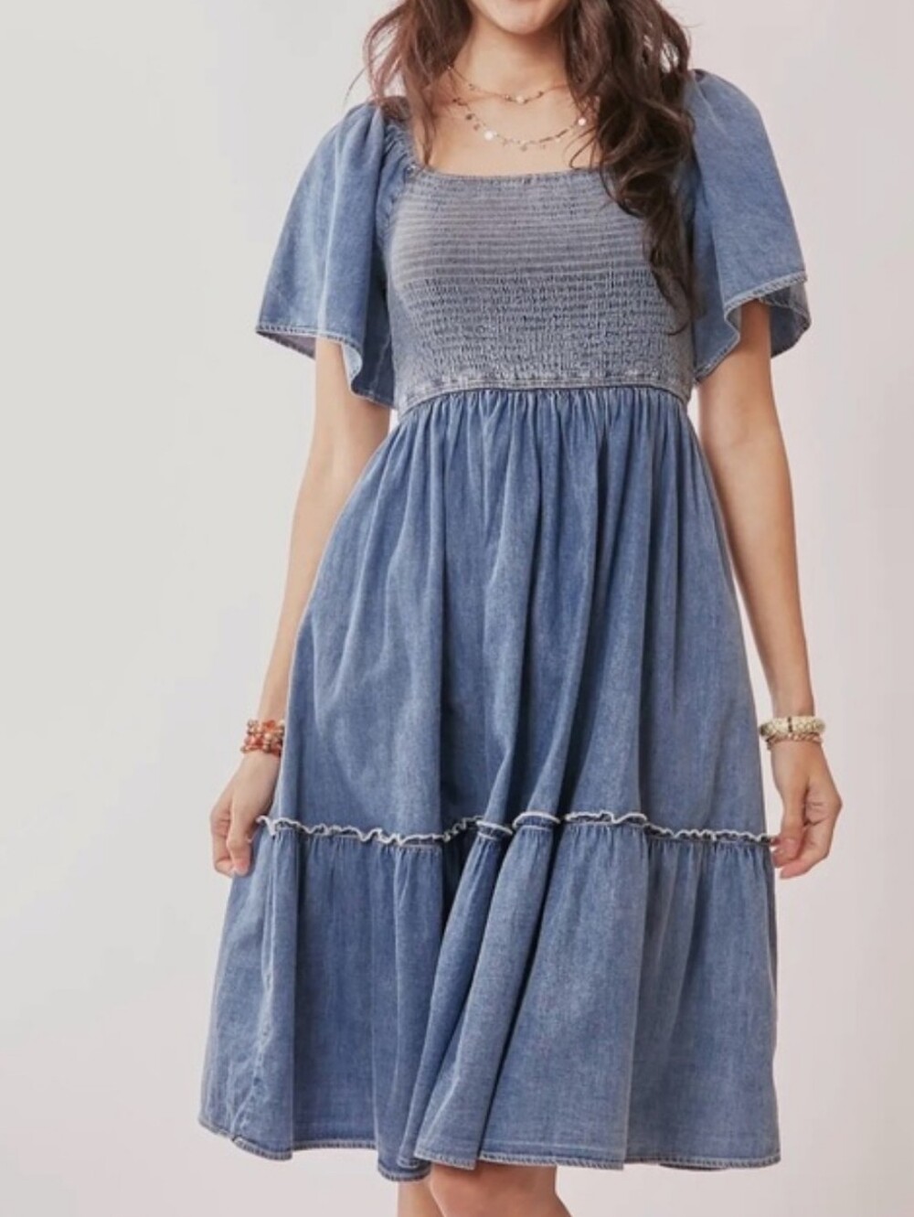 DAVI & DANI Blue Smocked Tiered Midi Dress